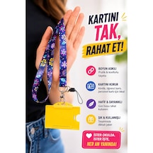 Çiçek Desenli Yaka Kartı, Boyun Askı İpi, Kart Askı İpi, Telefon Askı Aparatı, Sarı Plastik Yatay Kartlık