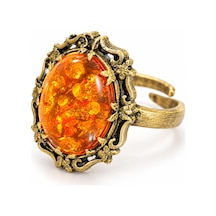 Esoo Jewelry Kehribar Taşlı Vintage Oval Ayarlanabilir Yüzük Antik Pirinç Kadın Gold