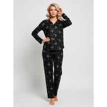 Süet Gömlek Pijama Takımı 7002 Kalp Desenli Siyah Süet Gömlek Pijama Takımı 7002 Kalp Desenli Siyah