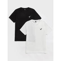 Kuş Minimal 2'li Çoklu Kombin T-shirt - Siyah Beyaz Baskılı Oversize Bisiklet Yaka Siyah Beyaz