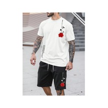 Manfinity Homme 2 Adet/takım Erkek Çiçek Desenli Tişört Ve Şort Takımı Siyah
