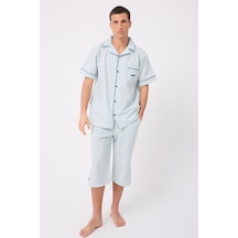 L'espadon Marısılk Seastrıpe Erkek Dokuma Yazlık Kısa Kollu Capri Pantolonlu Pijama & Lounge Takımı-3210 Nane Yeşili