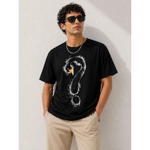Erkek Siyah Baskılı Oversize Tişört Modern Streetwear T-shirt