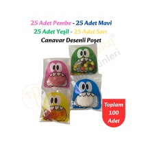 100 Adet 4 Renkli Canavar Desenli Cake Pop & Kurabiye Poşeti - 10x15 Cm