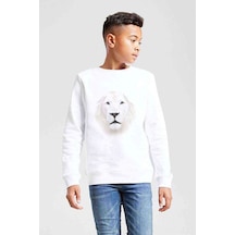 Tshirthane White Lion Baskılı Unisex Çocuk Beyaz Sweatshirt Beyaz