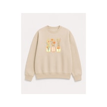 Herkesemoda Kavanoz Çiçek Baskı Detaylı Şardonlu 2 İplik Bisiklet Yaka Sweatshirt Bej
