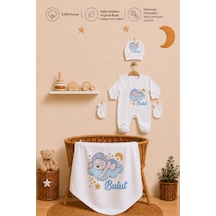 Pia Baby Erkek Bebek Yeni Doğan Tulum Seti 4 Lü %100 Pamuk İsimli Organik Baskılı Battaniyeli 2039bt0x Krem