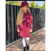 Bordo Kız Çocuk Kısa Pileli Elbise Bolero Ceket Ve Şapka Takımı 3/12 Yaş - 31602 Çok Renkli