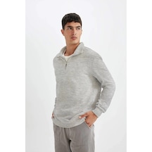 Erkek 3 İplik Pamuklu Uzun Kol Yarım Farmuarlı Yakalı Sweatshirt - Gri