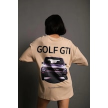 Kadın Oversize Tişört Golf Gtı Retro Araba Baskılı T-shirt - Bej Bej