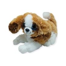 Sesli Peluş Yatan Köpek 25 Cm - Kahve Beyaz Çok Renkli