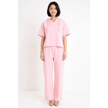 Benerly Kadın Büyük Beden Oversize Düşük Kol Geniş Paça Kapüşonlu Kısa Ko Pembe