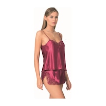 Veraura Lifestyle Kadın Şık Tasarım Yumuşak Dokulu Dantel İşlemeli Bordo Saten Babydoll Şort Takımı