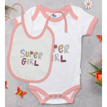 Bk Kids Super Girl Tasarımlı Pembe Bebek Body Zıbın Ve Mama Önlüğ
