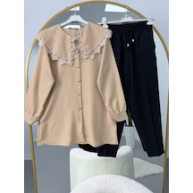 Lovie Moda Yakası Dantel Detaylı Pantolonlu Takım Bej-siyah