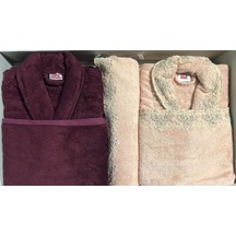 Taç Linn Somon Bordo Elegance Bambu Aile Bornoz Seti Bamboo