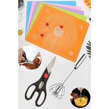 Mutfak Makası + Otomatik Basmalı Çırpıcı+büyük Boy Silikon Hamur Açma Matı 40x50cm Çok renkli