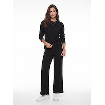 Onloox Kadın Siyah Siyah Pamuklu Likralı Esnek Kumaş Bisiklet Yaka Basic Rahat Kesim Alt Üst Takım Outfit Sets
