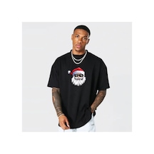 Butik İstanbul Yılbaşı Gözlüklü Noel Baba Baskılı Kısa Kollu Oversize Bisiklet Yaka T-shirt - Siyah