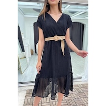 Neşeli Butik Kadın Siyah Hasır Kemerli Dantel Elbise Dk0001 Siyah