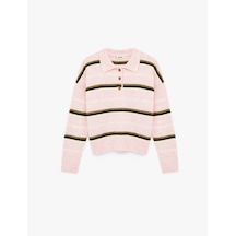 Koton Düğmeli Uzun Kollu Polo Yaka Çizgili Triko Kazak Pembe Çizgili 6sal90010ıt Pembe