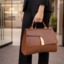 Dukidaso Kahverengi Modern Formlu Gold Detaylı Kadın El Çantası Kahverengi T8304 Kahve