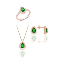 Gümüş Rose Kök Zümrüt Taşlı Damla Modeli Üçlü Set Gümüş Rose Kök Zümrüt Taşlı Damla Modeli Üçlü Set