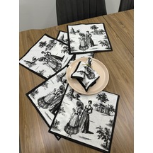 Toile De Jouy Paris Amerikan Servis 6 Lı Set 30x30 Cm %100 Pamuk Dijital Baskılı Klasik Fransız Tarzı Masa Dekoru - Zt720 Siyah