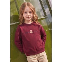 Fullamoda Ayıcık Baskılı Oversize Kız Çocuk Sweatshirt Bordo