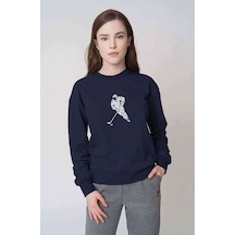 Silhouette Ice Hockey Baskılı Indigo Mavi Kadın Sweatshirt
