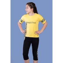 Toontoy Kids Toontoy Kız Çocuk 2'li Takım Baskılı Bisiklet Yaka T-shirt & Basic Düz Crop Tayt & Şerit Detaylı Sarı