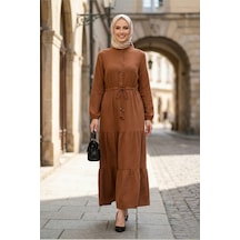 Hb Harma Time Butik Kadın Düğmeli Bağcıklı Taba Tesettür Keten Elbise Taba Taba