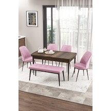 Canisa Zen Serisi 80x132 Mdf Açılabilir Barok Ahşap Desen Masa Takımı 4 Pembe Sandalye Ve 1 Bench Masa Barok Sandalye Ve Bench Pembe