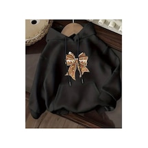 Herkesemoda Kurdele Baskı Detaylı İçi Polarlı Kapüşonlu Sweatshirt Siyah