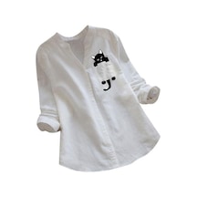 Beyaz Kadın Üst Uzun Kollu Gevşek Sevimli Şık Baskılı Günlük Giyim İçin Rahat Kesim Gömlek Beyaz