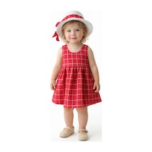 Chicsy Baby Tatlı Kız Bebek Ekose Tarz Elbise Şapkalı Fiyonk Detaylı Yazlık 2 Li Kombin Kırmızı