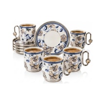 6 Kişilik Lüks Porselen Gümüş Yaldızlı Fincan Takımı Silver Karışık Çok Renkli