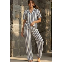 Relax Mode Kadın Mavi Çizgili Gömlek Pijama Takım - 26036r Beyaz