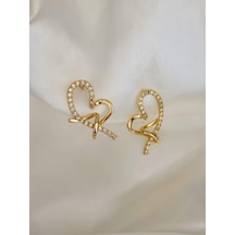 Kalp M Model Zirkon Taşlı Gold Renk Küpe Gold