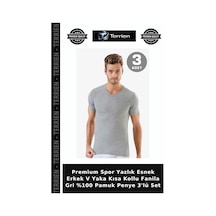 Terrien Premium Spor Yazlık Esnek Erkek V Yaka Kısa Kollu Fanila Gri %100 Pamuk Penye 3'lü Set