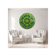 Bohem Yeşil Modern Mandala Tasarım Desenli Yuvarlak Dekoratif Cam Tablo Bohem Temalı Dekoratif Duvar Tablosu, Salon, Yatak Odası Ve Çalışma Alanı Dekoru, 80x80 Cm