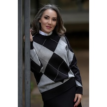 Styleboom X Peraluna Oxford Pullover Bisiklet Yaka Baklava Desen Kadın Triko Kazak - Siyah-siyah Siyah