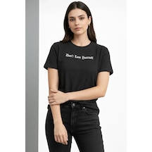 Kadın Wafıl Kumaş Tişört Regular Kalıp Bisiklet Yaka Baskılı T-shirt - Siyah