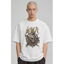 Slayer Rock Metal Müzik Grubu Baskılı Unisex Oversize Premium Tiş Beyaz