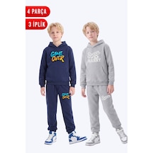 Fyk Kids 3 İplik Baskılı Kışlık Kanguru Cepli Kapüşonlu Erkek Çocuk 2'li Eşofman Takımı 4 Parça Lacivert-gri