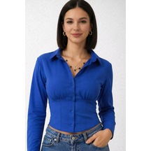 Trend Alisse Kadın Saks Mavi Vucuda Oturan Beli Lastikli Korse Crop Gömlek