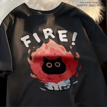 Tarzsokak Siyah Eğlenceli Ve Sevimli Kedi Ve Köpek Desen Gevşek Tshirt Vintage Üst Femalet-shir Siyah
