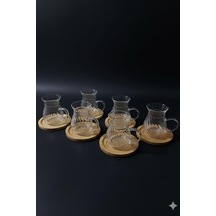 Lunero Borosilikat Cam 6'li Çay Bardağı Seti Bambu Tabanlı Çizgili 200 Ml Çok Renkli