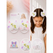 2'li Set Kelebek Desenli Tül Fiyonk Ve Unicorn Figürlü Kız Çocuk Lastikli Toka - 4 Farklı Renk Beyaz
