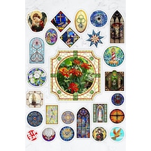 Vitray Stained Glass Temalı Telefon Laptop Bullet Journal Yapışkanlı Folyo Sticker Paketi 25 Adet Çok Renkli